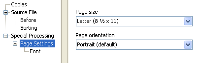 Print parameter properties dialog. Page settings, under special processing, is selected from the tree on the left. On the right, you can set the page size and the page orientation. 